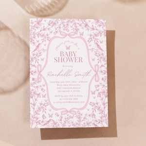 Invito per baby shower in toile floreale rosa / Invito per baby shower in chinoiserie floreale vintage / Invito per baby shower con farfalla / Invito per baby shower con fiocco