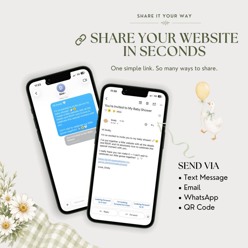 Two phones showing a baby shower website link shared digitally, with options to send the invitation by text message, email, WhatsApp or QR code.