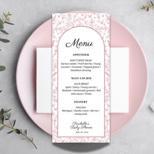 Chinoiserie Baby Shower Menu | Pink Toile Baby Shower |Toile De Jouy Baby Girl| Printed Menu Cards For Baby Shower | Editable Menu Template