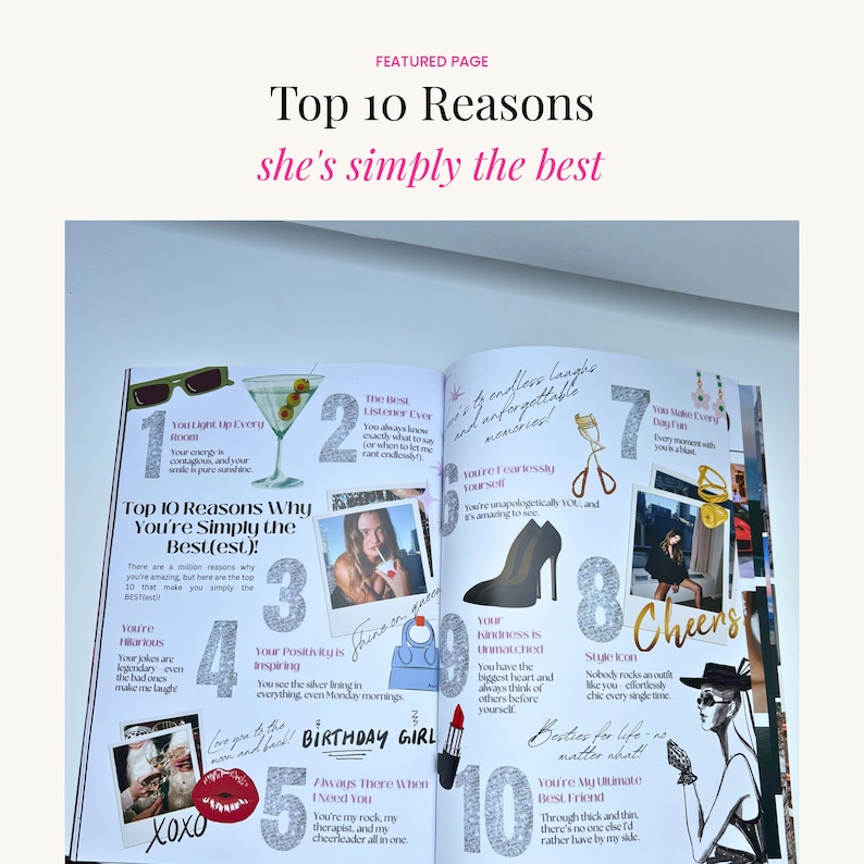 Birthday magazine spread with top 10 reasons why your best friend is amazing, including customizable photos, illustrations, and personal messages.
