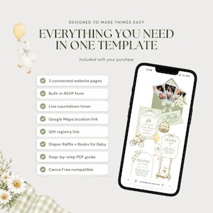Overview of features included with the baby shower website template, including three pages, RSVP form, countdown, Google Maps, gift registry, shower extras, PDF guide and Canva Free compatibility.