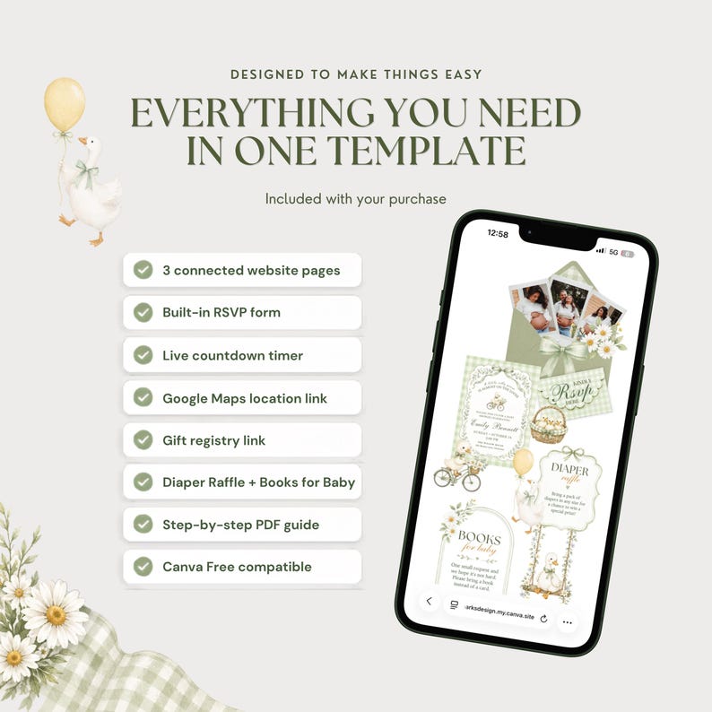 Overview of features included with the baby shower website template, including three pages, RSVP form, countdown, Google Maps, gift registry, shower extras, PDF guide and Canva Free compatibility.