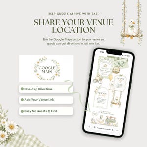 Google Maps venue feature shown beside the Silly Goose baby shower website on a phone, allowing guests to open directions to the shower location in one tap.