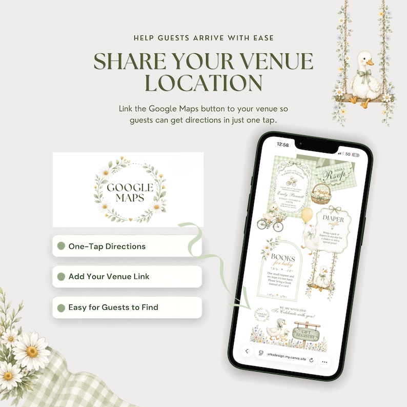 Google Maps venue feature shown beside the Silly Goose baby shower website on a phone, allowing guests to open directions to the shower location in one tap.
