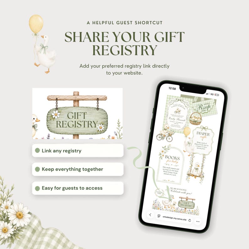 Gift registry feature shown with a sage wooden registry sign and phone displaying the baby shower website, with an editable link guests can easily access.