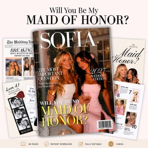 Könnte beinhalten: Eine digitale Magazinvorlage mit dem Titel SOFIA 2027 WEDDING EDITION, die zwei Personen in Kleidern mit Weingläsern zeigt. Der Titel lautet WILL YOU BE MY MAID OF HONOR? Weitere Seiten umfassen ein Zeitungsdesign und eine Save-the-Date-Karte.