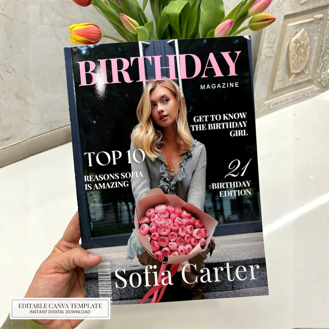 Personalized Birthday Magazine Template, Vogue Style Gift for Best Friend, Sister, 21st Bi