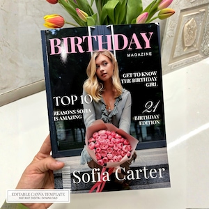 Editable birthday magazine Canva template featuring a Vogue-inspired magazine cover with pink flowers, customizable text, and personalized birthday gift design for best friend.