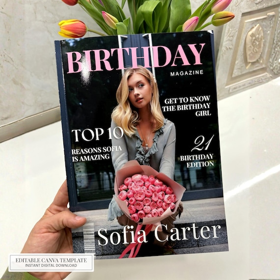 Personalized Birthday Magazine Template, Vogue Style Gift for Best Friend, Sister, 21st Birthday, Editable Canva Digital Download