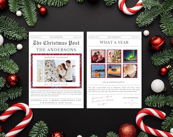 Christmas Newspaper Card: Year In Review Newsletter (Canva Template)