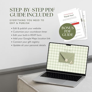 Step-by-step PDF guide included with the baby shower website template, covering publishing, countdown editing, RSVP setup, Google Maps, gift registry links and personal details.