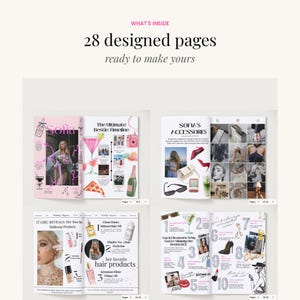 Preview of editable birthday magazine template pages including timeline spreads, accessories pages, beauty layouts, and personalized birthday content.