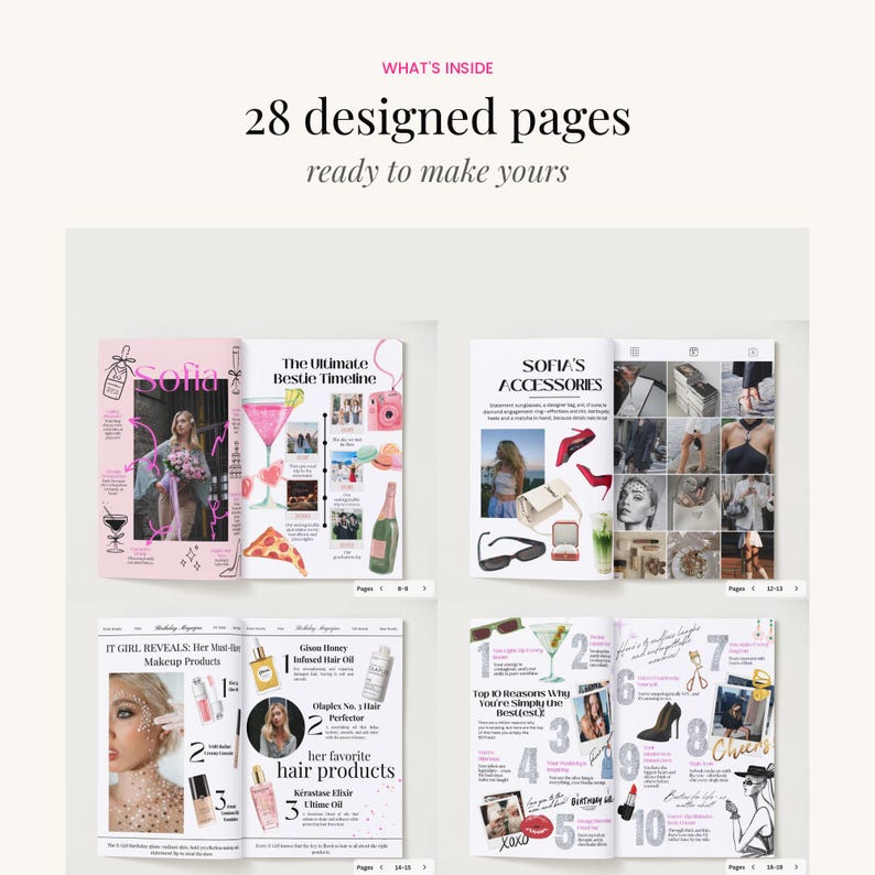 Preview of editable birthday magazine template pages including timeline spreads, accessories pages, beauty layouts, and personalized birthday content.