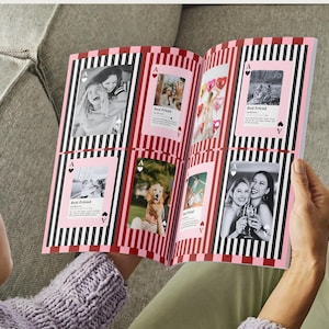 May include: Open photo album with black and white striped borders and pink card-shaped photo frames. Photos include images of friends and a dog. The text "Best Friend" is visible on some frames.