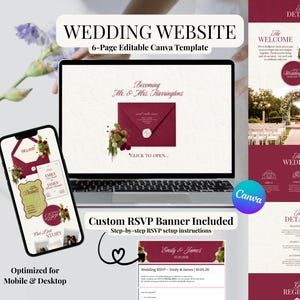 May include: A wedding website template displayed on a laptop and smartphone. The design features a burgundy and cream color scheme with floral accents. Text includes "Wedding Website" and "Custom RSVP Banner Included."