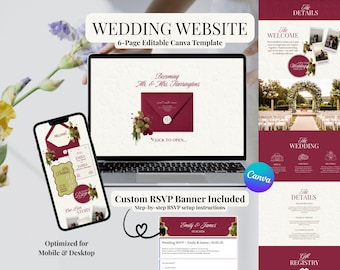 Elegant Burgundy Wedding Website Template | Editable Canva Invitation Site with RSVP, Timeline & FAQ