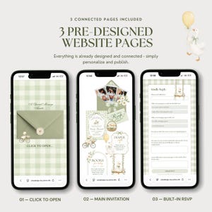 Three connected baby shower website pages shown on phones: click-to-open envelope page, main Silly Goose invitation page and built-in RSVP form.