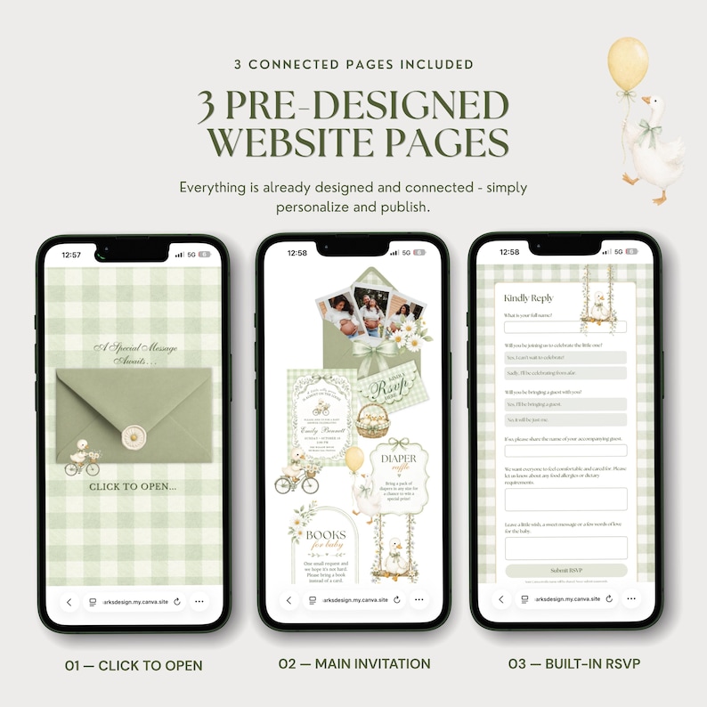 Three connected baby shower website pages shown on phones: click-to-open envelope page, main Silly Goose invitation page and built-in RSVP form.