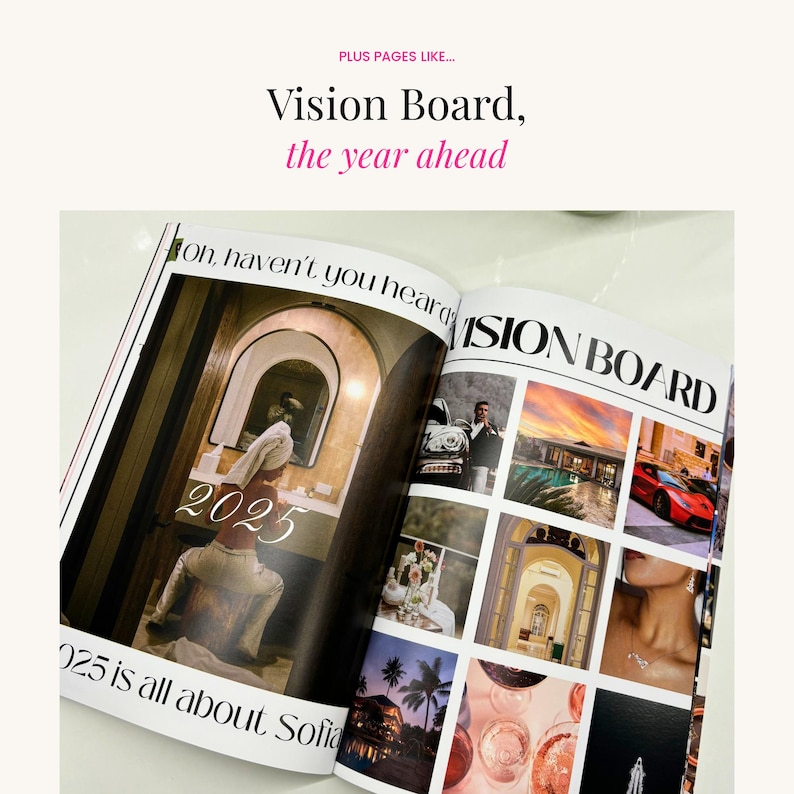 Vision board birthday magazine spread with luxury lifestyle inspiration, travel photos, fashion aesthetic, and customizable Canva layout.
