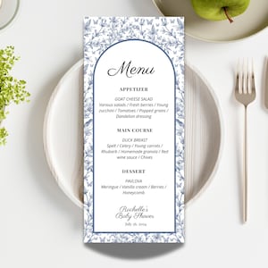 Chinoiserie-babyshowermenu | Bewerkbare bloemenkaartsjabloon | Blauw babydecor | Aanpasbaar canvasontwerp | Stoffig blauw babyshowermenu