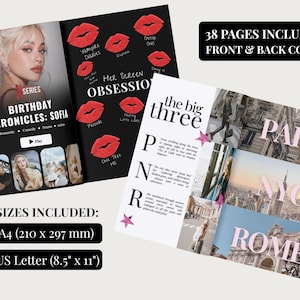Open birthday magazine spreads featuring Netflix-style cover, lipstick kiss collage, and travel photo layout. Text overlay notes 38 pages included, with sizes US Letter 8.5x11 and A4.