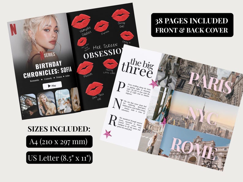 Open birthday magazine spreads featuring Netflix-style cover, lipstick kiss collage, and travel photo layout. Text overlay notes 38 pages included, with sizes US Letter 8.5x11 and A4.