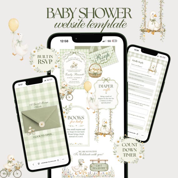Editable Silly Goose Baby Shower Website Template, Canva Invitation with Built-In RSVP & Countdown