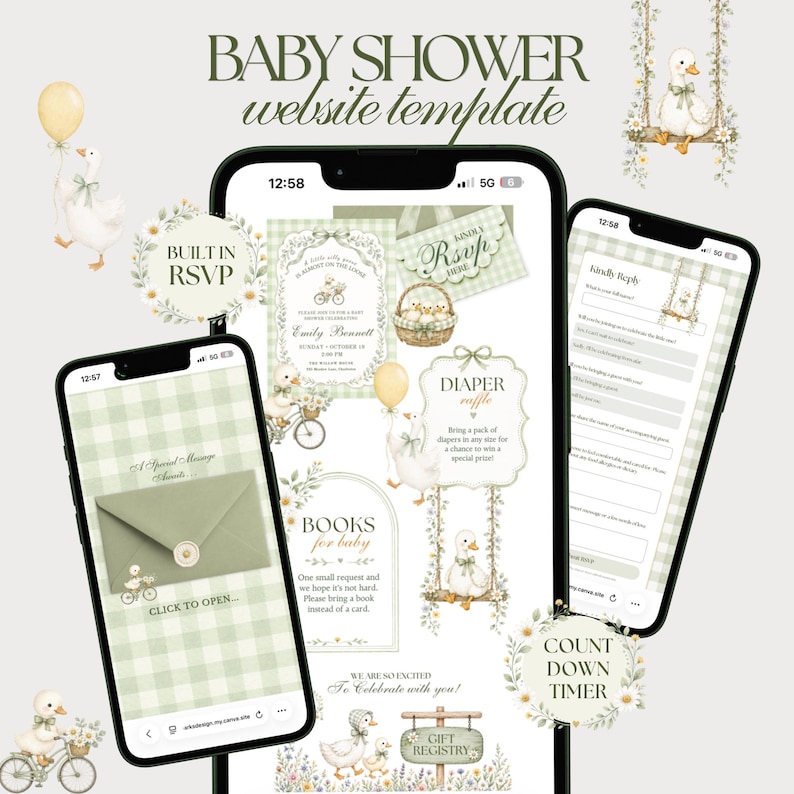 Sage green Silly Goose baby shower website template shown on three mobile devices with an envelope opening page, main invitation, built-in RSVP form and countdown timer.