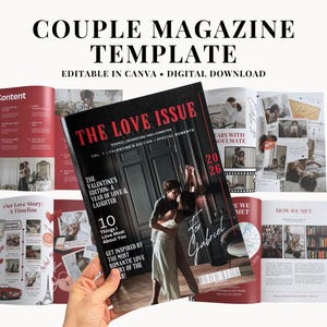 編集可能なカップル向け雑誌テンプレート、パーソナライズされたラブストーリー雑誌、デジタルCanvaレイアウト