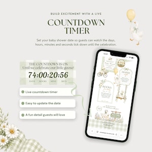 Live baby shower countdown timer showing days, hours, minutes and seconds beside a phone displaying the Silly Goose invitation website.