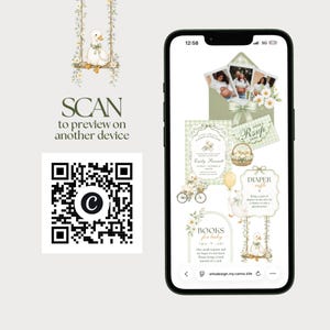 QR code for previewing the live Silly Goose baby shower website, displayed beside a phone showing the sage green invitation design.