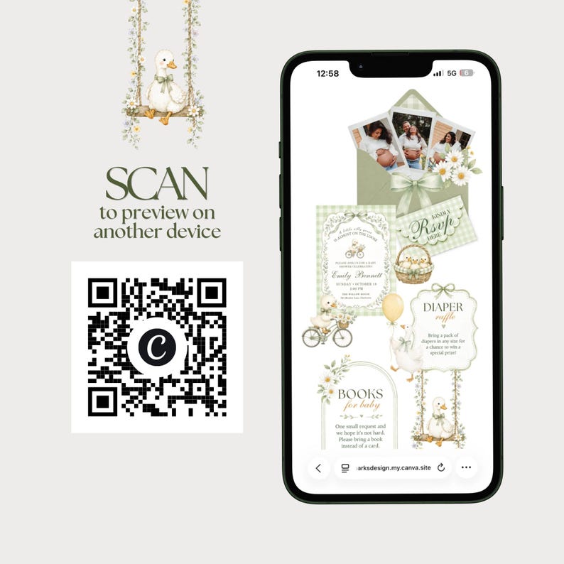 QR code for previewing the live Silly Goose baby shower website, displayed beside a phone showing the sage green invitation design.