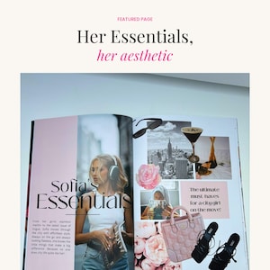 Fashion-inspired birthday magazine spread featuring beauty products, accessories, city girl aesthetic, and customizable lifestyle magazine layout.