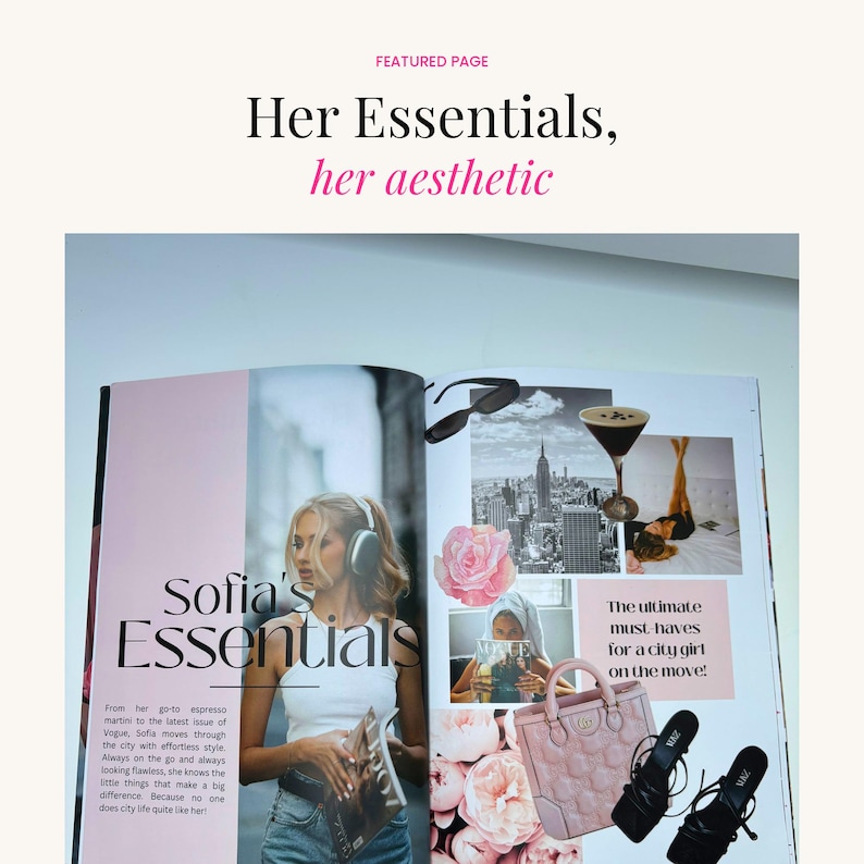 Fashion-inspired birthday magazine spread featuring beauty products, accessories, city girl aesthetic, and customizable lifestyle magazine layout.