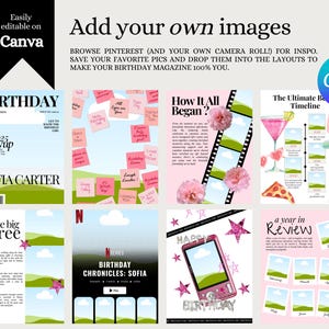 Collage of editable Canva birthday magazine templates featuring pastel and pink designs. Includes mockups with magazine covers, timelines, polaroid frames, sticky notes, and placeholders for custom photos and text.