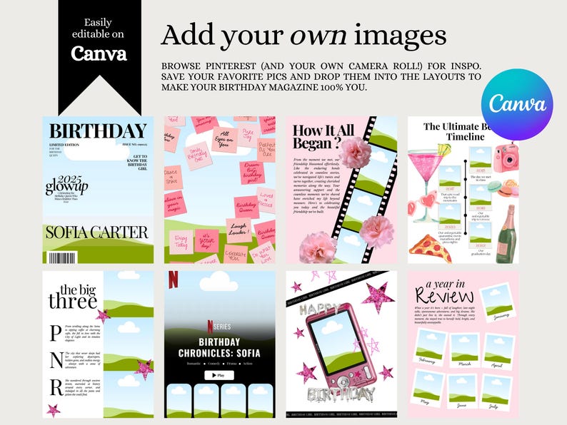 Collage of editable Canva birthday magazine templates featuring pastel and pink designs. Includes mockups with magazine covers, timelines, polaroid frames, sticky notes, and placeholders for custom photos and text.