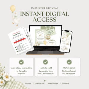 Instant digital baby shower website access shown with laptop, phone and PDF guide, highlighting Canva Free compatibility, easy editing and no physical product shipped.