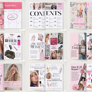 Open birthday magazine mockups showing customizable layouts. Pages include calendar spreads, handwritten notes, beauty product collages, aesthetic mood boards, and lifestyle articles with photo and text placeholders.