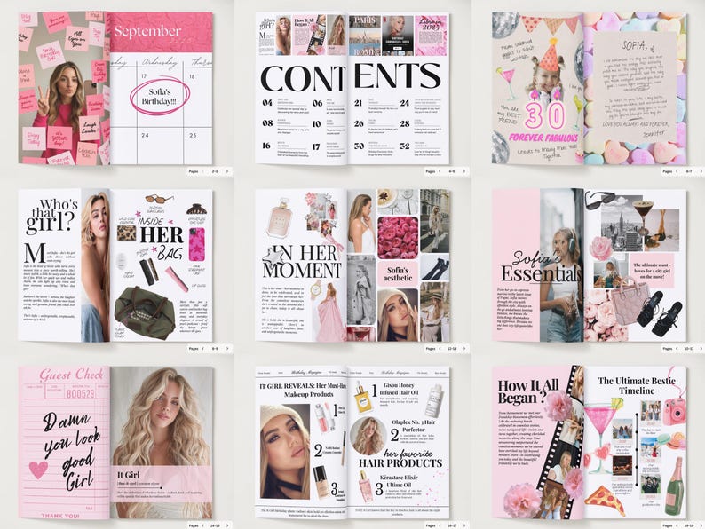 Open birthday magazine mockups showing customizable layouts. Pages include calendar spreads, handwritten notes, beauty product collages, aesthetic mood boards, and lifestyle articles with photo and text placeholders.