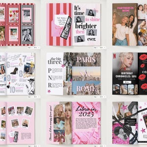 Birthday magazine mockup spreads with colorful layouts. Features friendship collages, photo grids, top 10 lists, zodiac sign pages, travel themes, Netflix-style posters, and pink graphic accents for customization.