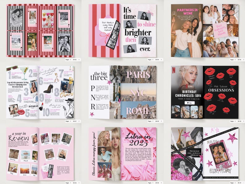 Birthday magazine mockup spreads with colorful layouts. Features friendship collages, photo grids, top 10 lists, zodiac sign pages, travel themes, Netflix-style posters, and pink graphic accents for customization.