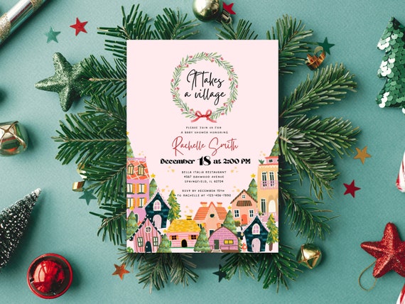 It Takes A Village Baby Shower Invite | Winter Baby Shower Invitation Template | Pink Girl Baby Shower | December Baby Shower Invitation |