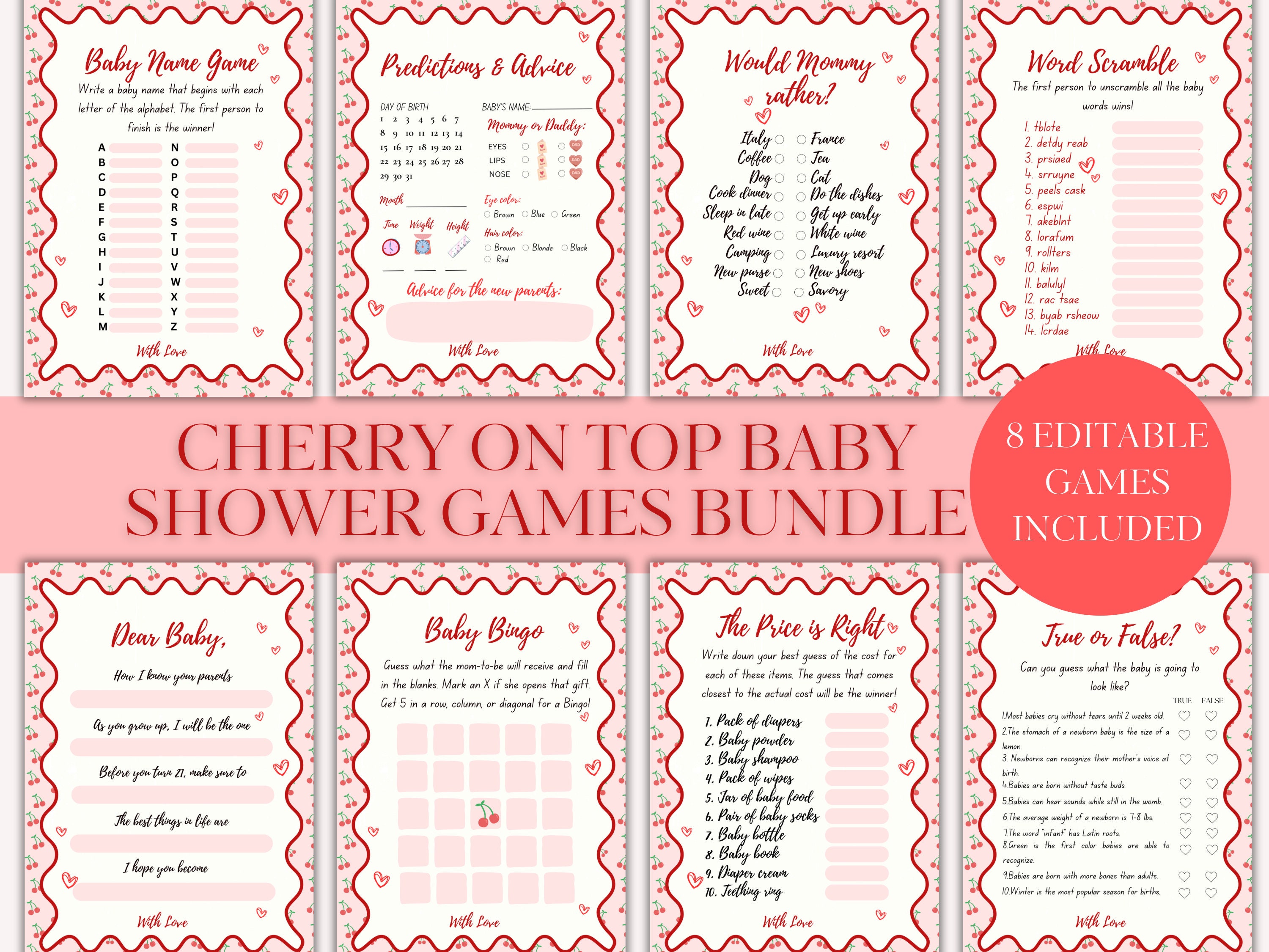 Cherry Baby Shower Games Bundle: Printable Canva Templates (8 Games)