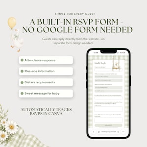 Built-in baby shower RSVP form displayed on a phone with fields for attendance, plus-one details, dietary requirements and a message for the baby. No separate Google Form needed.