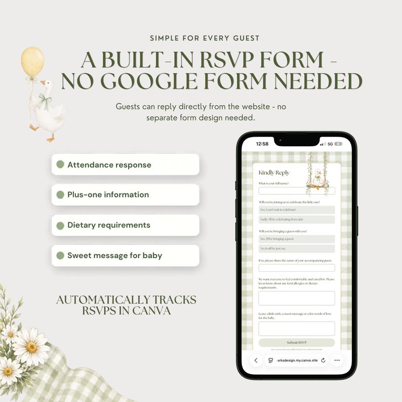 Built-in baby shower RSVP form displayed on a phone with fields for attendance, plus-one details, dietary requirements and a message for the baby. No separate Google Form needed.