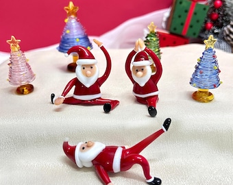Colored Glass Yoga Santa Claus/Christmas Tree, Miniature Green Glass Tree Decoration, Festive Christmas Tree, Christmas Sculpture Decoration