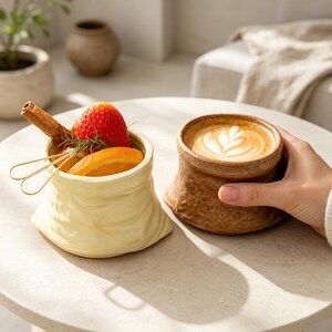 Könnte beinhalten: Eine hellgelbe Keramiktasse in Form einer zerknitterten Papiertüte, gefüllt mit einer Erdbeere, einer Orangenscheibe und einer Zimtstange, neben einer strukturierten braunen Keramiktasse mit einem Latte, der ein Blattmuster im Schaum hat.