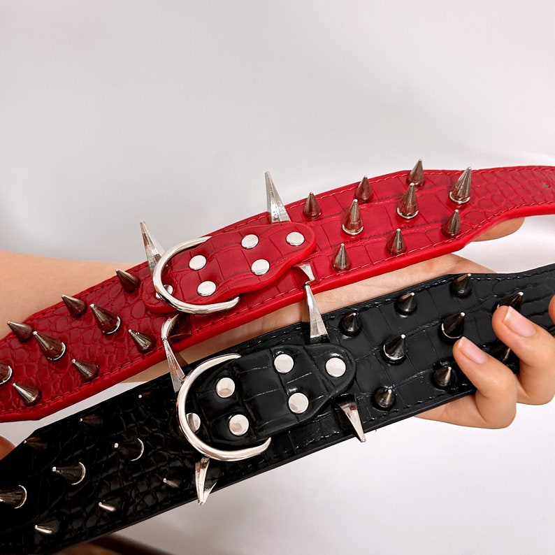 K&ouml;nnte beinhalten: Zwei Hundehalsb&auml;nder mit silbernen Spikes. Ein Halsband ist rot mit einer silbernen Schnalle und das andere ist schwarz mit einer silbernen Schnalle.