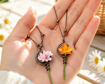Handgemachte Draht Spirale Anhänger Halskette, DIY Wildblumen Halter Halskette, Blumenwächter Spirale Halskette, Geschenk für Sie