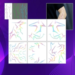 Könnte beinhalten: Eine Sammlung temporärer Tattoo-Designs mit Blitz- und abstrakten Formen in verschiedenen Farben. Die Designs umfassen lila, grüne und blaue Blitze sowie holografische, regenbogenfarbene Formen. Das Bild zeigt auch einen Arm mit einem temporären Tattoo.